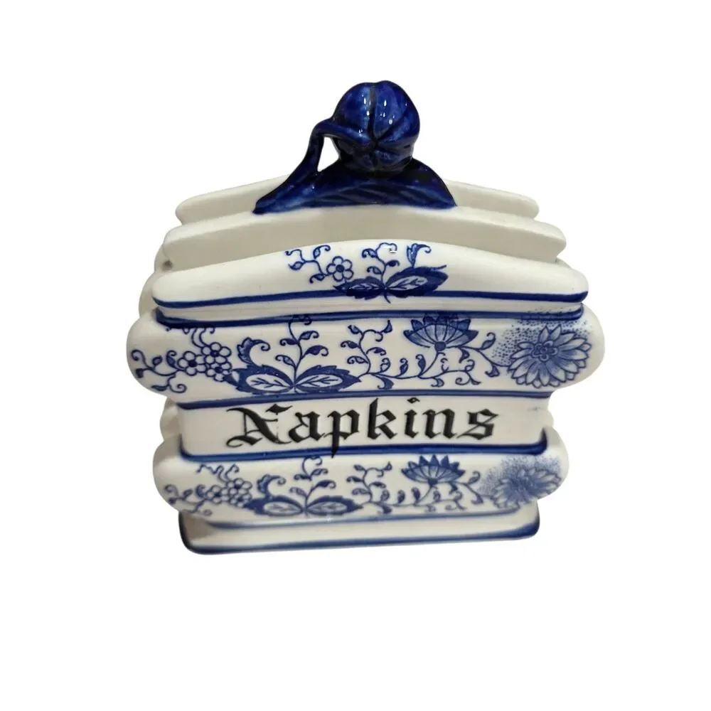 Blue Onion Napkin Holder Ceramic Japan Porcelain Lidded Table Caddy Decor
